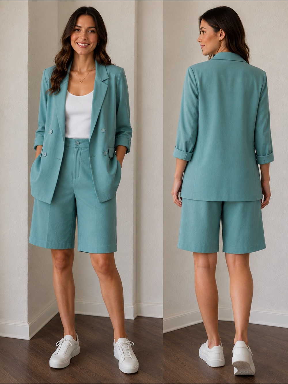 Chic 2 Pc Blazer Short Set Sage Green Teal Double Breasted Jacket Bermuda Shorts